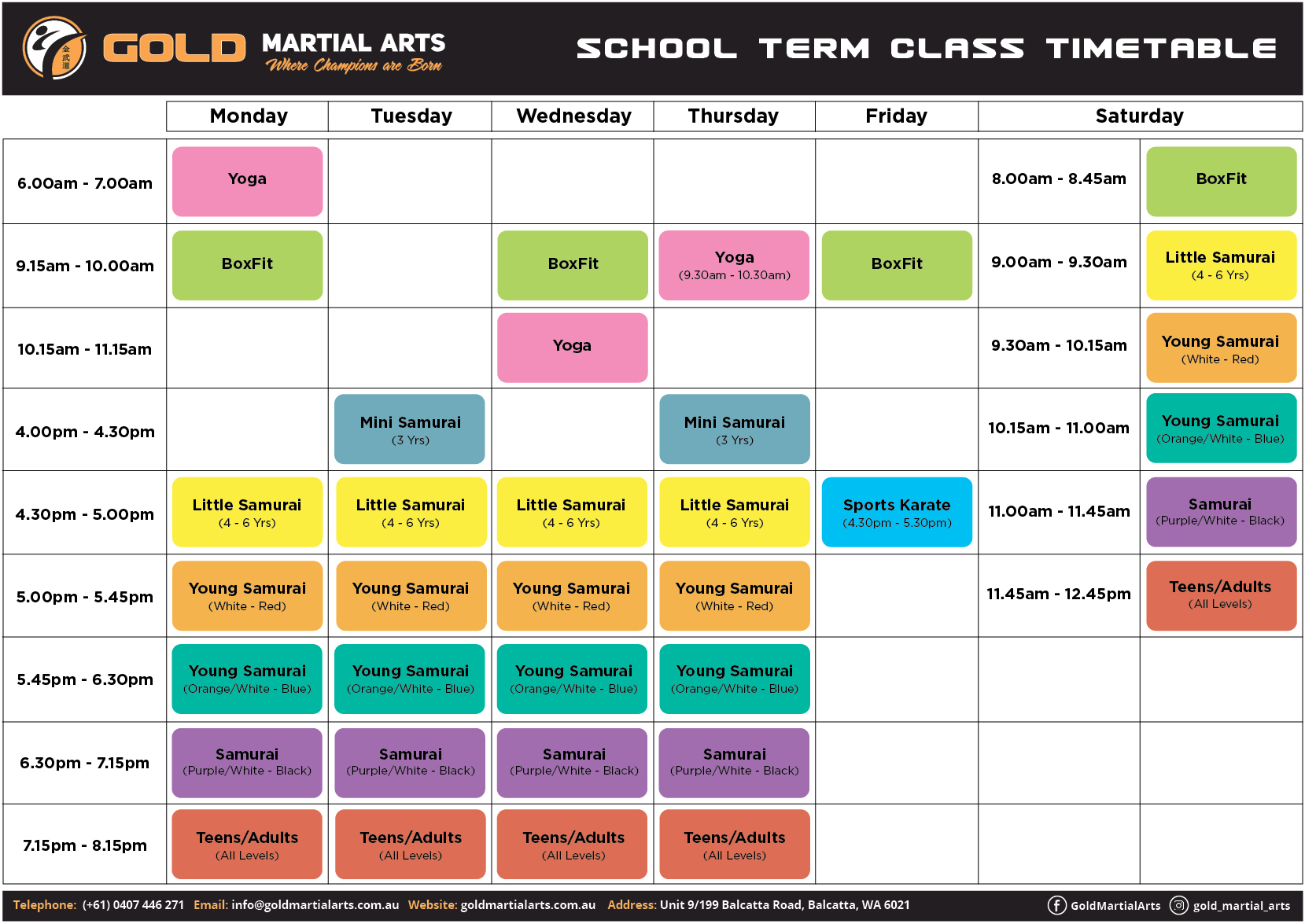 Timetable - Gold Martial Arts